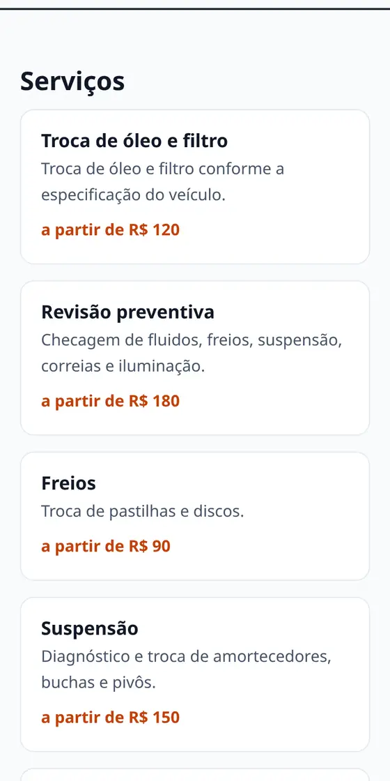 Exemplo fictício: lista de serviços da Oficina Exemplo com preços a partir de